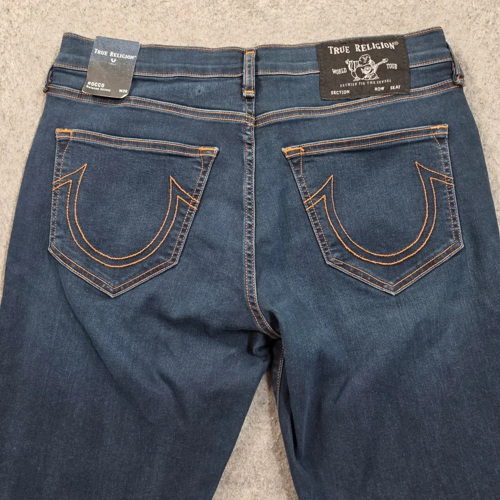 True Religion Rocco Jeans 29 Blue Relaxed Skinny Dark Indigo Orange Stitch MR019